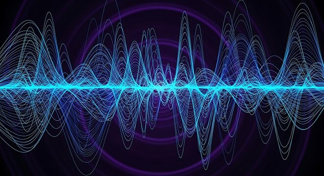 Abstract blue and purple sound waves or energy frequencies radiating on a dark background with subtle circular patterns. - Powered by Adobe