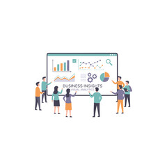 Diverse group of employees in a modern office setting observing a large screen displaying visual analytics dashboards and line graphs during a business training session