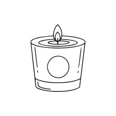 A simple line drawing of a lit candle in a glass holder, featuring a circular label area on the side.