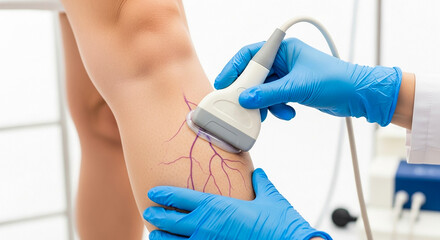 Phlebologist hands holding doppler ultrasound device, vascular examination and vein health diagnosis in medical setting