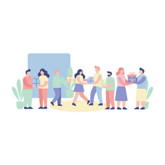 Diverse Group Of People Exchanging Gift Boxes Together In A Soft Color Tone Flat Design Vector Illustration