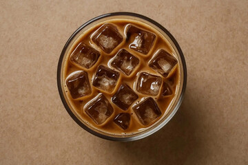 Glass of ice coffee. Top view.