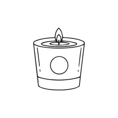 Simple black and white illustration of a lit candle in a glass votive holder.