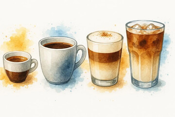 Hot and cold coffee beverage with watercolor decoration. Espresso, americano cup, cappuccino and latte in glasses. Vector illustration blended coffee for logo, ads, promotion, marketing, banner.