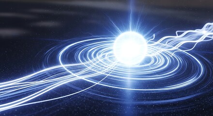 A glowing blue-white sphere at the center emits powerful energy streams and concentric light rings in a dark, abstract cosmic environment.