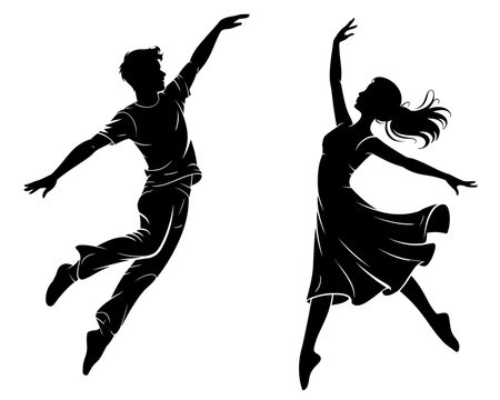 Silhouette of a male and female dancer in mid leap