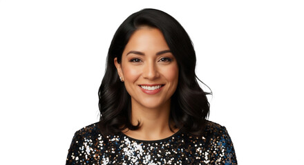 Smiling 30s Hispanic woman, professional New Year's Eve party planner, in festive sequined top. Ideal for event promotions, holiday marketing, celebration planning,