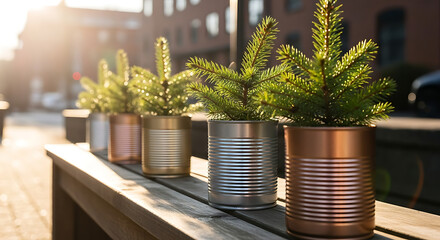 Row of small christmas trees in painted cans on a wooden surface in bright sunlight outdoors urban scene