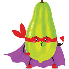 Cartoon Green Papaya Fruit Superhero Character Wearing Red Mask and Purple Cape Posing Confidently with Transparent Background