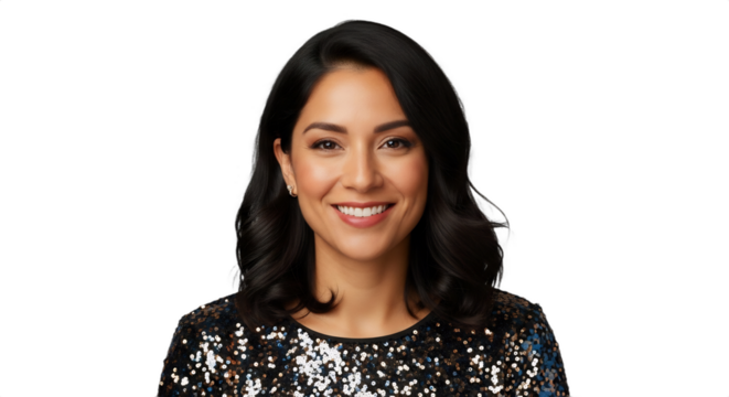 Smiling 30s Hispanic woman, professional New Year's Eve party planner, in festive sequined top. Ideal for event promotions, holiday marketing, celebration planning,