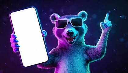 Playful Raccoon in Cool Sunglasses Presents a Blank Smartphone Screen Against a Vibrant Neon Background, Ideal for Digital App Promotion and Tech Marketing Concepts