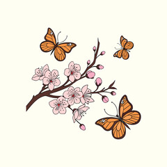 Butterflies and Cherry Blossom Branch Illustration – Spring Nature Floral Design