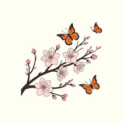 Beautiful Orange Butterflies Flying Around Cherry Blossom Branch on White Background