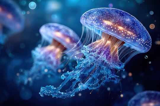 Bioluminescent Jellyfish Glowing in Dark Ocean Depths