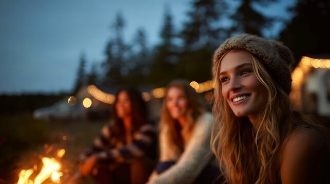 Group of friends gathered around campfire, enjoying outdoors, friendship and fun