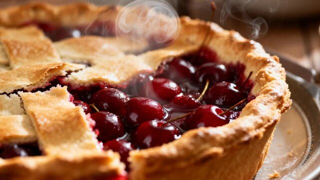 freshly baked hot cherry pie releasing steam, soft delicious and full of sweet cherry flavor, perfect for thanksgiving autumn or home baking content