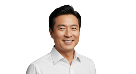 Smiling 48-54-year-old East Asian man, dry cleaner owner, in crisp shirt. Perfect for holiday party season promotions, business services, hospitality, and customer trust.