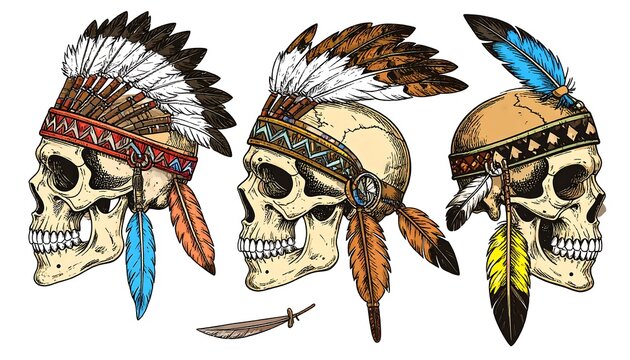 Three stylized human skulls adorned with traditional Native American headdresses and feathers. They are side-profile facing, and a lone feather lies below the middle one
