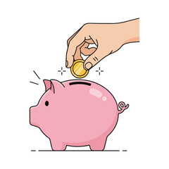 A hand placing a gold coin into a pink piggy bank, representing savings and investment.