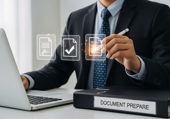 Man in suit interacting with digital document icons on screen