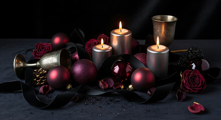 Elegant still life with candles roses ornaments and silver goblets on a dark background setting mood