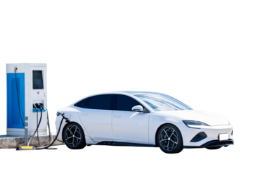 Modern electric vehicle charging at EV station isolated on transparent background, symbolizing clean energy, green technology, and eco-friendly transportation for a sustainable future. PNG