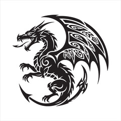 A fierce black dragon with intricate wing patterns, poised for flight or attack.