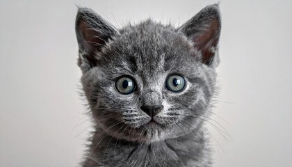 A close-up portrait of a grey, fluffy kitten staring directly at the viewer with wide, blue eyes and alert ears. It has a slightly wet appearance
