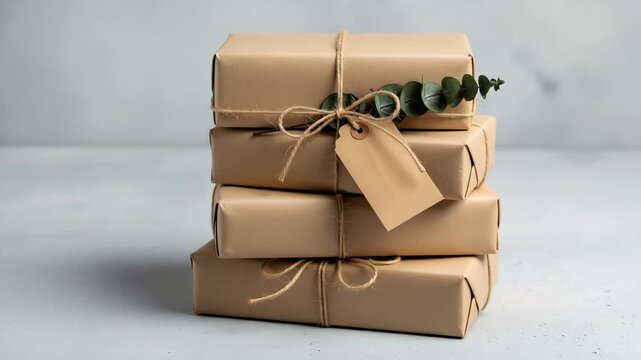 Stack of brown kraft paper gifts tied with twine and eucalyptus sprig with blank tag. Holiday celebration and sustainable packaging with copy space
