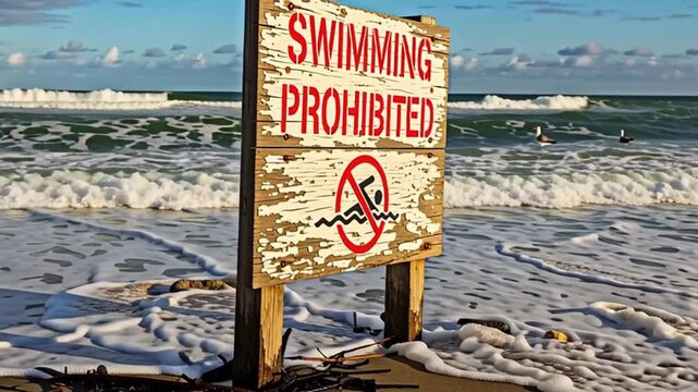 Sign indicating swimming is prohibited on the beach for the concept of danger and water safety.