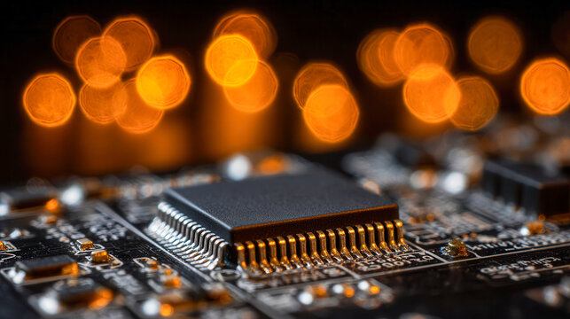 High-resolution macro photography of a central microchip on a circuit board with glowing orange bokeh lights creating a futuristic and dynamic technology background