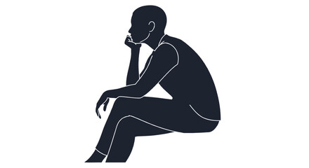 Silhouette of a person sitting and deep in thought with hand on chin isolated on white background