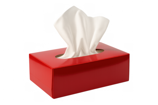 Red tissue box with white paper handkerchiefs for hygiene, cold, flu, and sickness on transparent background