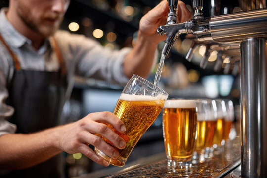 Bartender serves fresh craft beer at a lively bar during the evening hours