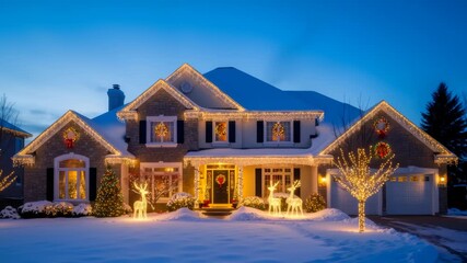 Large house decorated with festive Christmas lights and snow-covered roof at dusk, holiday season celebration and winter home decor with copy space - Powered by Adobe