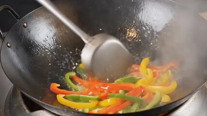 Colorful Bell Peppers Stir-Fried to Perfection in a Wok, Aromas Filling the Kitchen, Stir-frying vibrant bell peppers in a wok: a culinary adventure