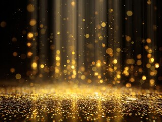 Abstract Glittering Gold Light Rays and Bokeh Particles Descending onto Sparkling Golden Dust Against Dark Background Stage Illumination Festive Celebration New Year