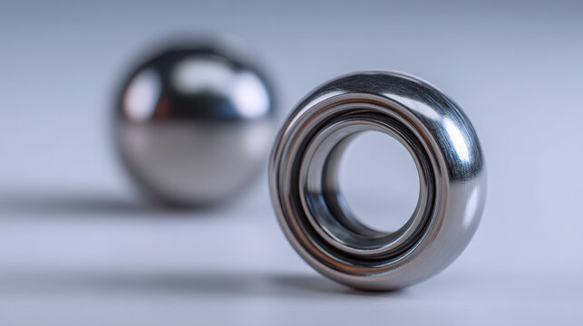 Shiny metal ball and bearing on a neutral background demonstrating mechanical components with reflective surfaces and industrial design concepts