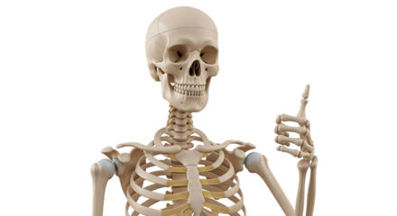 Human skeleton torso and head with thumb up gesture, cutout, PNG isolated on white or transparent background