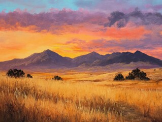 Dramatic Oil Painting Landscape of Golden Plains and Distant Mountains under a Fiery Sunset Sky with Vivid Clouds