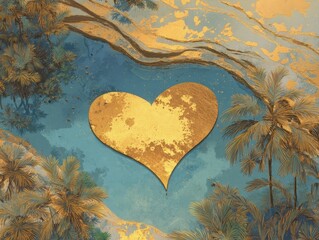 Abstract Golden Heart on Azure Waters with Tropical Foliage Art Print