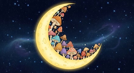 Crescent moon cradles whimsical, colorful mushrooms against a dark starlit night sky, creating a magical scene