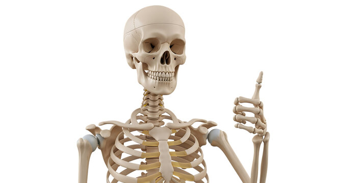 Human skeleton torso and head with thumb up gesture, cutout, PNG isolated on white or transparent background