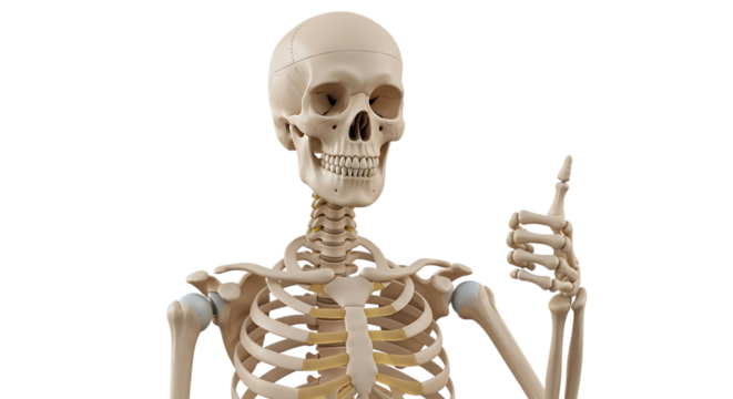 Human skeleton torso and head with thumb up gesture, cutout, PNG isolated on white or transparent background