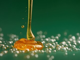Golden Honey Stream Pouring onto Emerald Surface with Scattered Droplets - Macro View of Sweet Viscous Liquid Forming Puddle