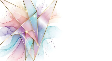 Geometric alcohol ink art features fluid pastel colors and glittering gold lines against white