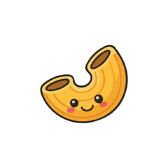 A cheerful cartoon macaroni pasta smiling with rosy cheeks on a white background.