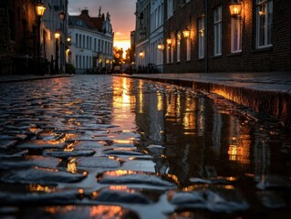 Cobblestone Street Puddle Reflection at Dusk European City Alley with Lanterns and Warm Building Lights Illuminating Wet Ground