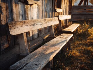 Rustic Wooden Benches Bathed in Golden Sunlight Rural Outdoor Seating Against Weathered Plank Wall at Sunset Farm