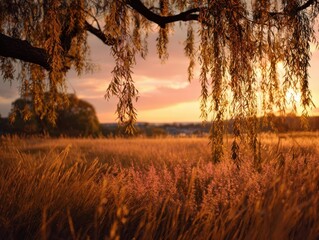 Golden Hour Meadow Sunset Weeping Willow Branches Field Landscape Warm Light Nature Tranquility Outdoor Scenery Picturesque Rural Setting